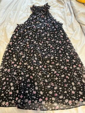 BCBGeneration Black Floral Ruffle Halter Dress with Pink and White Blooms